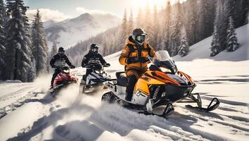 ai generiert Rennfahrer Reiten ein Schneemobil im ein Winter passen im ein schön großartig schneebedeckt Wald, Berge foto