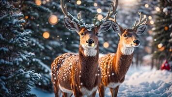 ai generiert süß Hirsch im das Winter Wald foto