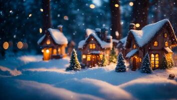 ai generiert Winter Häuser im das Wald foto