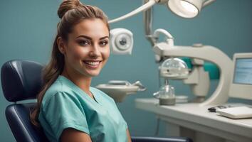 ai generiert schön Mädchen im ein Dental Stuhl im ein Klinik foto