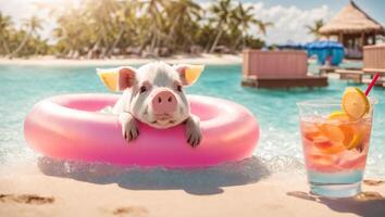 ai generiert süß Schwein im ein Schwimmen Ring haben ein Cocktail auf das Strand foto