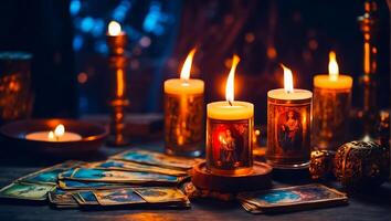 ai generiert Tarot Karten, Kerzen Hintergrund foto