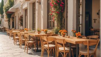 ai generiert Sommer- Cafe auf das Straße im Griechenland foto