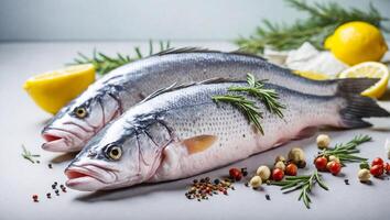 ai generiert roh Fisch mit Zitrone foto