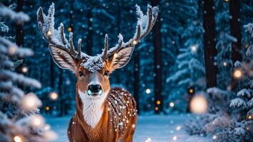 ai generiert süß Hirsch im das Winter Wald foto
