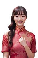 ai generiert glücklich schön asiatisch Frau mit tragen traditionell cheongsam Kleid - - generiert Bild foto