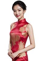 ai generiert glücklich schön asiatisch Frau mit tragen traditionell cheongsam Kleid - - generiert Bild foto