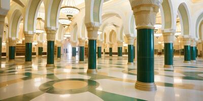 ai generiert ein geräumig und elegant Moschee Innere mit Grün Säulen und gewölbt Decken foto