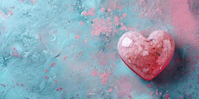 ai generiert Valentinstag Tag Hintergrund mit Rosa Herz auf Blau Hintergrund. foto