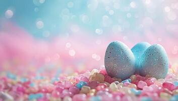 ai generiert Ostern Hintergrund mit drei Blau Eier und Rosa und Blau Sträusel foto