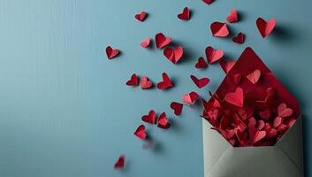 ai generiert Valentinstag Tag Hintergrund. rot Papier Herzen fliegen aus von ein Briefumschlag auf ein Blau Hintergrund. foto