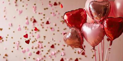 ai generiert Valentinstag Tag Hintergrund mit Herz geformt Luftballons und Konfetti foto