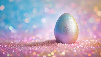 ai generiert Ostern Ei auf funkeln Hintergrund mit Bokeh Beleuchtung und Kopieren Raum foto