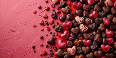 ai generiert Schokolade Süßigkeiten im Herz gestalten auf rot Hintergrund. Valentinsgrüße Tag Konzept. foto