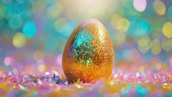 ai generiert Ostern Ei auf bunt Bokeh Hintergrund. glücklich Ostern Konzept. foto