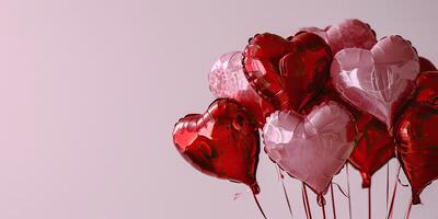 ai generiert rot und Weiß herzförmig Luftballons auf Rosa Hintergrund, Valentinsgrüße Tag Konzept foto
