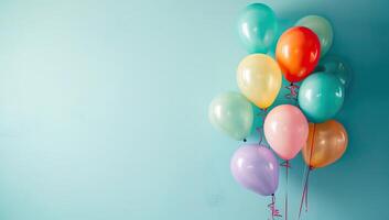 ai generiert bunt Luftballons auf ein Blau Hintergrund mit Kopieren Raum zum Text. foto