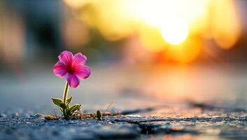 ai generiert Rosa Blume Blühen inmitten Beton beim Sonnenuntergang foto