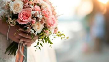 ai generiert Braut halten elegant Hochzeit Strauß draußen foto