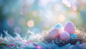 ai generiert Ostern Eier eingebettet im ein Nest mit ein Bokeh Hintergrund foto