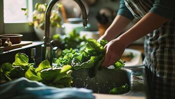 ai generiert schließen oben von weiblich Hände Waschen Grüner Salat im sinken im Küche beim Zuhause foto