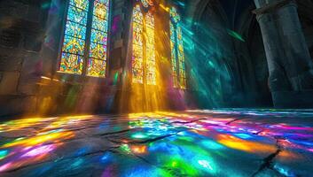 ai generiert bunt Licht Strahlen von ein befleckt Glas Fenster leuchten ein dunkel Kirche Innere foto