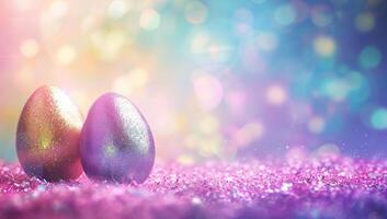 ai generiert funkelnd Ostern Eier auf beschwingt glitzernd Oberfläche foto