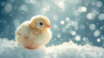 ai generiert Baby Hähnchen tapfer Schnee unter Blau Bokeh foto