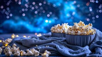 ai generiert Popcorn im Schalen unter Blau Beleuchtung foto