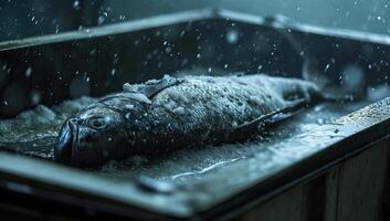 ai generiert frisch Fisch auf Eis im ein Restaurant Küche foto
