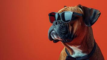 ai generiert Porträt von ein Boxer Hund tragen Sonnenbrille auf ein rot Hintergrund. foto