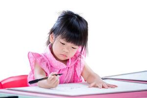 jung Mädchen 3 Jahre alt konzentriert auf Zeichnung beim heim, ein wenig Kind im ein Rosa Kleid aufmerksam Zeichnung auf ein Weiß Papier, Kind präsentieren Kreativität und früh Lernen. isoliert Weiß Hintergrund. foto