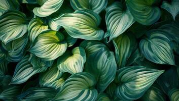 ai generiert Nahansicht von Grün und Weiß Hosta Blätter foto