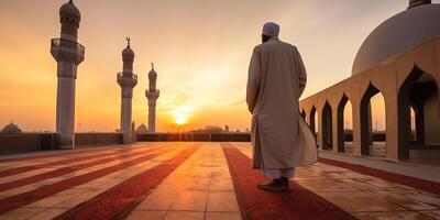 ai generiert Mann Gehen im Vorderseite von Moschee beim Sonnenuntergang foto