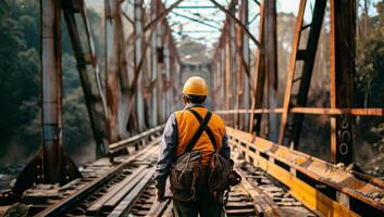 ai generiert Rückseite Aussicht von ein männlich Konstruktion Arbeiter Gehen auf das Eisenbahn Brücke. foto