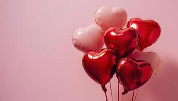 ai generiert rot und Weiß herzförmig Luftballons auf ein Rosa Hintergrund. Valentinstag Tag foto