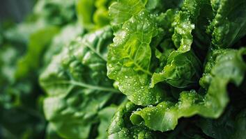ai generiert frisch Grün Grüner Salat Blätter mit Wasser Tröpfchen foto