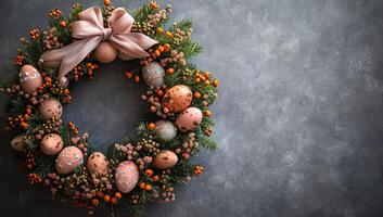 ai generiert Ostern Kranz mit Eier und Beeren auf Stein Hintergrund foto