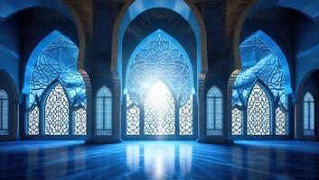 ai generiert Sonnenlicht leuchtet ein heiter Blau Moschee Innere durch kompliziert Fenster foto