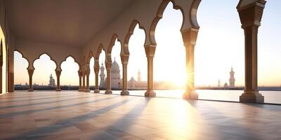 ai generiert Sonnenaufgang leuchtet ein heiter Moschee Hof mit elegant Bögen foto