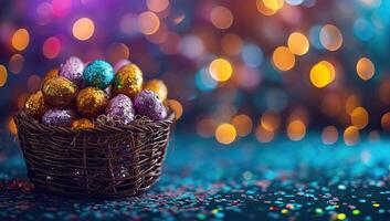 ai generiert bunt Ostern Eier im Korb auf Bokeh Beleuchtung Hintergrund foto