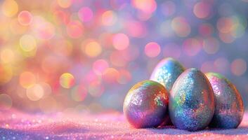 ai generiert bunt Ostern Eier auf Bokeh Hintergrund mit Kopieren Raum foto