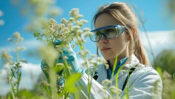 ai generiert jung Frau Wissenschaftler im Weiß Mantel, Brille und Labor Mantel Arbeiten im ein Feld von Blumen. foto