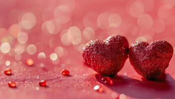 ai generiert Valentinstag Tag Hintergrund mit rot Herzen auf Bokeh Hintergrund foto