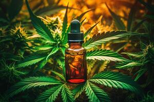 ai generiert Nahansicht von ein Flasche von cbd Hanf Cannabis Öl und ein Marihuana Blatt auf Orange Hintergrund, natürlich Medizin und Kosmetika foto