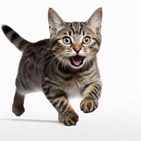 ai generiert süß spielerisch jung Tabby Katze läuft, isoliert auf Weiß Hintergrund foto