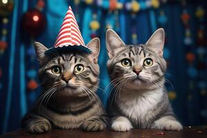 ai generiert zwei festlich süß Tabby Katzen im Party Hüte auf ein Blau Hintergrund foto