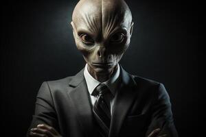 ai generiert Nahansicht Porträt von ein Humanoid Außerirdischer im ein Geschäft passen mit Krawatte auf ein schwarz Hintergrund foto