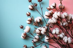 ai generiert oben Aussicht getrocknet Blume von flauschige Baumwolle auf ein Pastell- Blau und Rosa Hintergrund foto