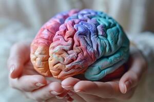 ai generiert Mensch Gehirn Modell- im Pastell- Farben im Lügen Hälfte seitwärts im weiblich Hände. mental Gesundheit oder Störung Konzept foto